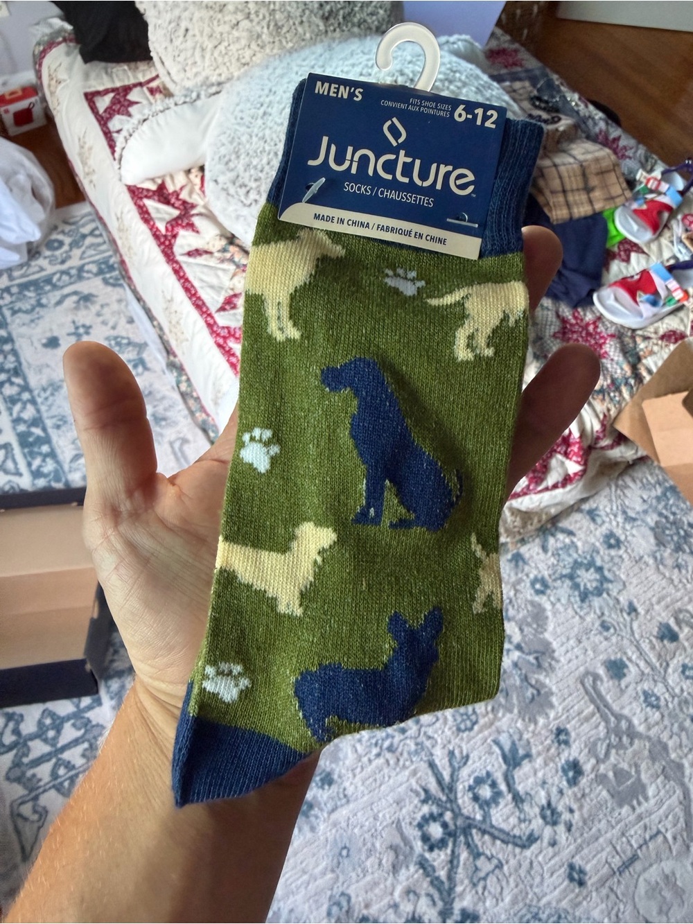Juncture Men's Green Dog Pattern Crew Socks with Blue & Cream Accents